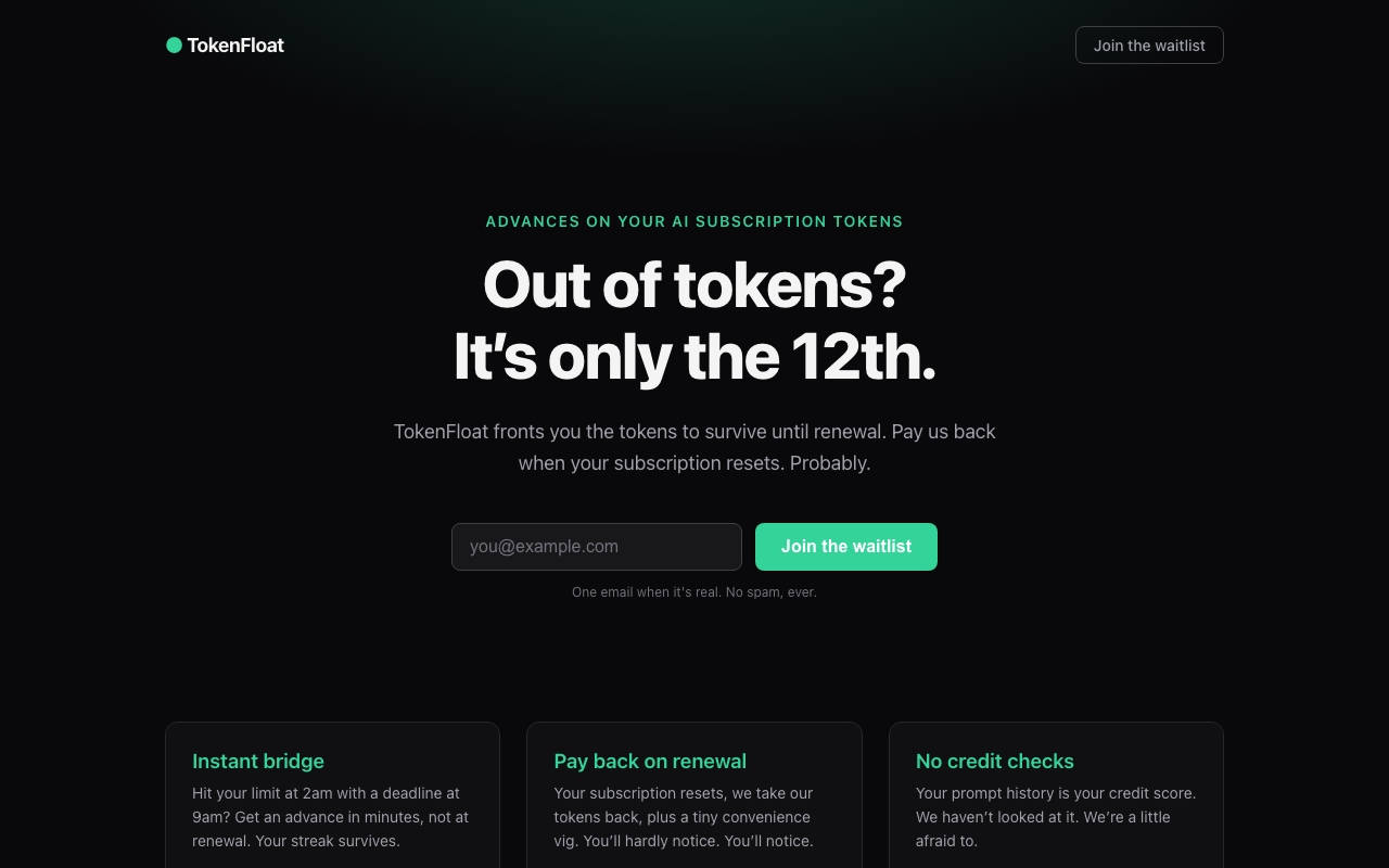 TokenFloat — a landing page for advances on AI subscription tokens